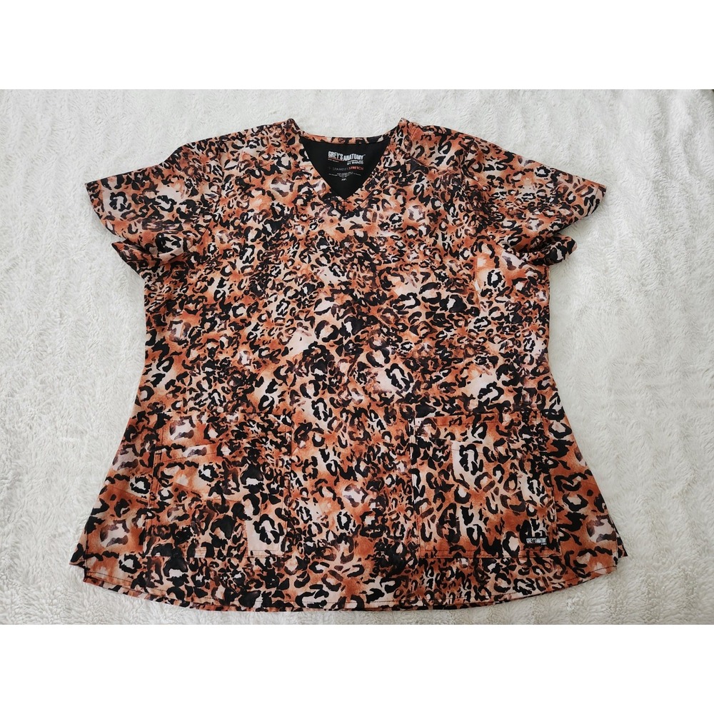 Grey's Anatomy by Barco Women's Scrub Top 2XL Brown Leopard Animal Print V-Neck
